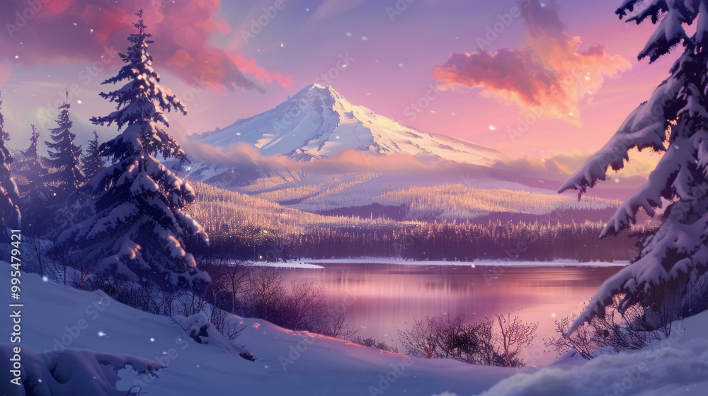 Poster a snowy mountain range with a lake in the foreground