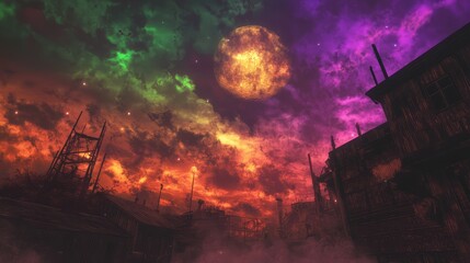 Dystopian Halloween carnival, purple and green skies with fiery orange clouds, a harvest moon glowing ominously overhead