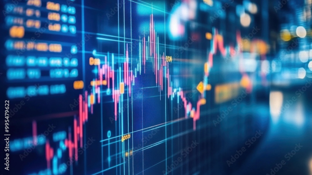 Poster a vibrant display of stock market data features fluctuating lines and colorful indicators, showcasin