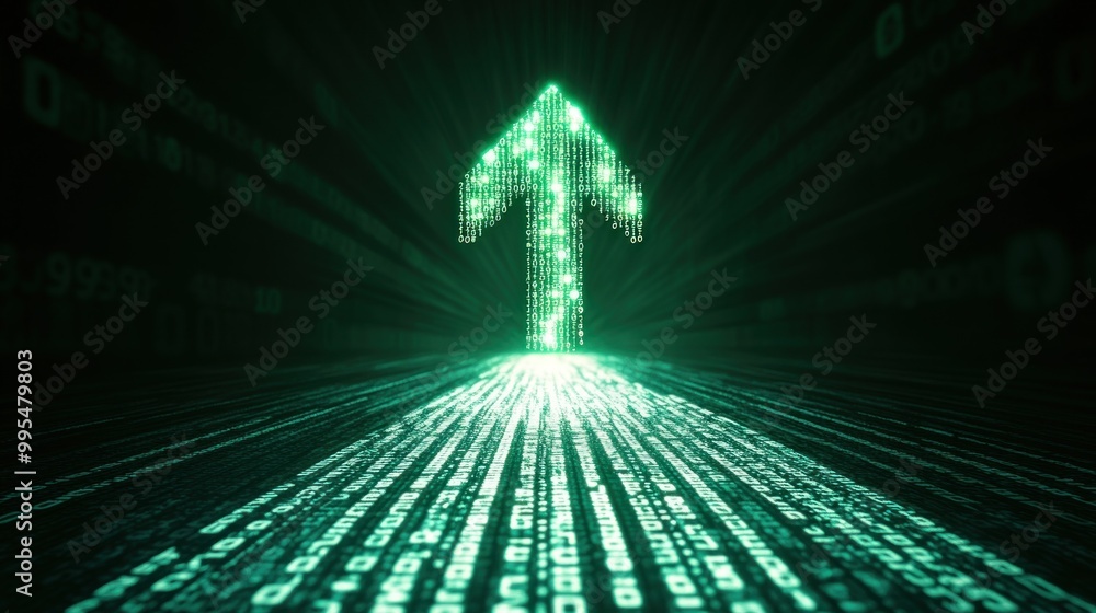 Fototapete the digital arrow, illuminated in green, ascends through a cascade of binary code, symbolizing growt