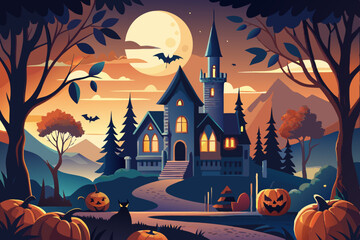 Ilustración vectorial del día de halloween con calabazas, murciélagos y un castillo