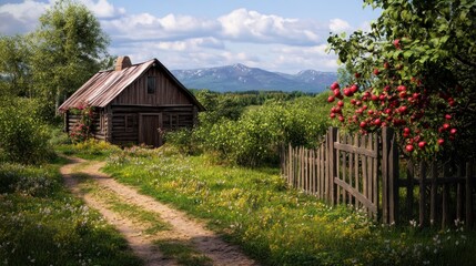 Obraz premium A charming wooden cabin sits amidst vibrant greenery and blooming apple trees, with a dirt path leading through the scenic countryside under a clear blue sky
