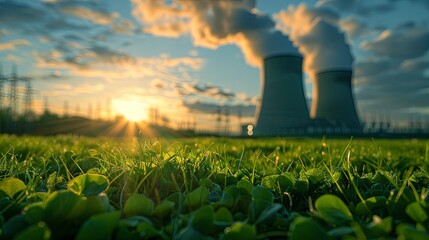 Cooling tower of a nuclear power plant situated behind green grass, symbolizing atomic energy. Nuclear power and its impact on the environment.