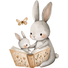 Watercolor mama bunny with baby reading a book, little butterfly
