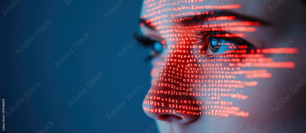 Poster close up of womans face with digital binary code overlay, showcasing technology