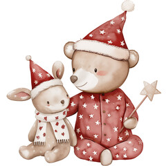 Teddy Bear in Christmas Pajama, Little Bunny in Santa hat