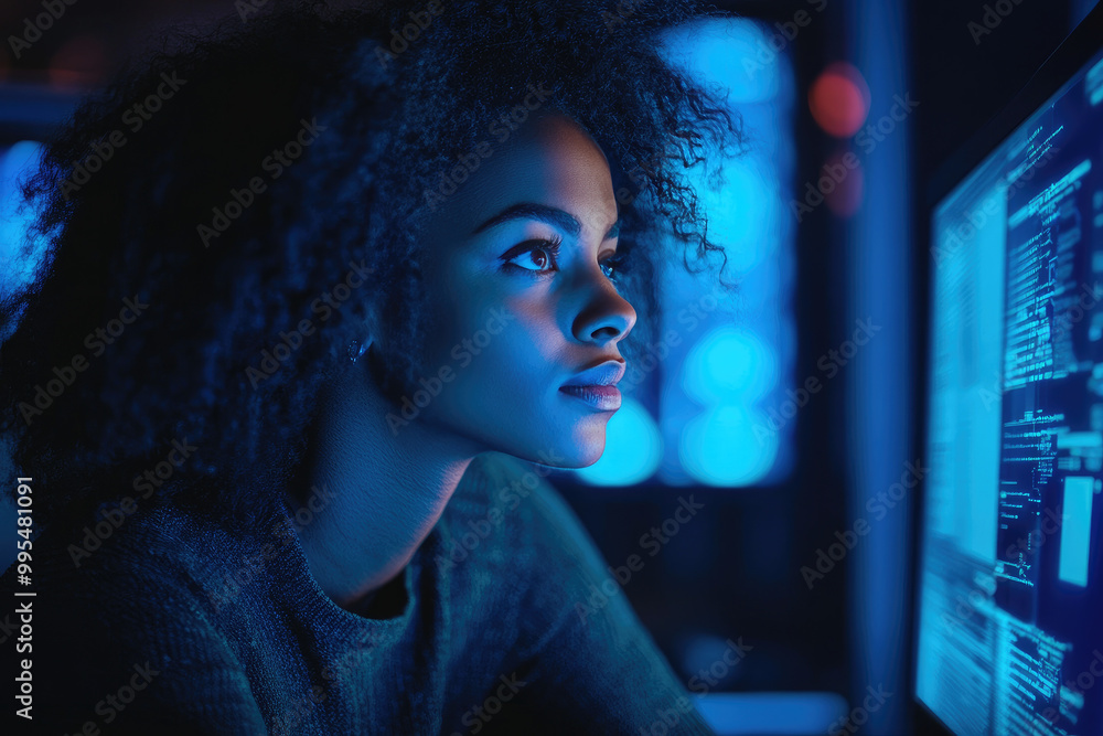 Poster cybersecurity analyst in dark tech office, black female expert assessing ai threats on computer in h