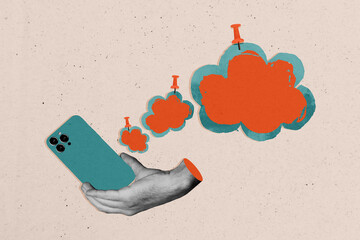 Composite photo collage of hand hold phone device cloud notification correspondence email sticker...