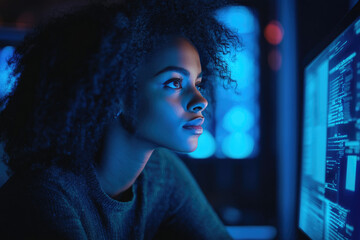 Cybersecurity Analyst in Dark Tech Office, Black female expert assessing AI threats on computer in high-tech data center environment