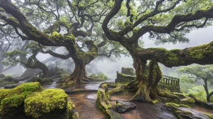 In a dense, misty forest, ancient trees enveloped in lush moss create an enchanting setting. The winding paths and rich greenery invite wanderers to explore this serene landscape