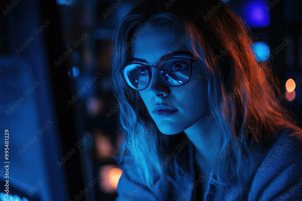 Poster cyber security analyst in dark tech office, analyzing ai threats on computer, focused on safeguardin