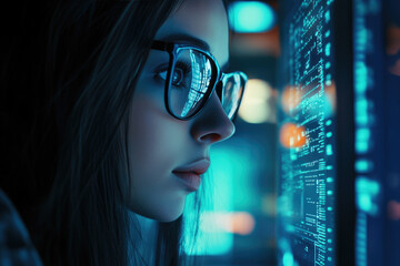 Cyber Security Analyst in Dark Tech Office, female expert evaluating AI threats, immersed in digital data analysis, focused and alert.