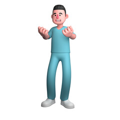 Professional 3D Male Healthcare Nurse. A male nurse is seen standing with both hands open forward, as if he wants to explain and invite others to come closer. Cartoon