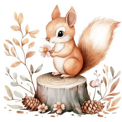 Woodland little squirrel with flower sits on a stump
