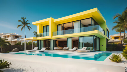 Fototapeta premium gelbes Modernes Haus mit Pool
