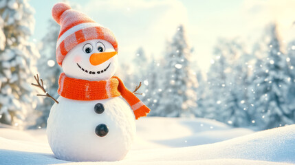 Fototapeta premium Snowman smiling and wearing knit hat and scarf in snowy forest