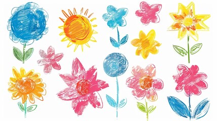 collection of children's drawings featuring flowers and the sun, showcasing a multicolored set of symbols ideal for kindergarten and school patterns