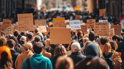 A diverse group of people gathers in a city to protest, displaying various signs that call for social change and justice. The atmosphere is filled with determination and unity