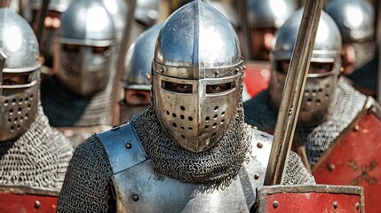 A group of historical reenactors dressed in medieval armor advances with determination. They carry shields and weaponry, embodying the spirit of a bygone era during a vibrant festival