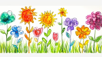 collection of children's drawings featuring flowers and the sun, showcasing a multicolored set of symbols ideal for kindergarten and school patterns