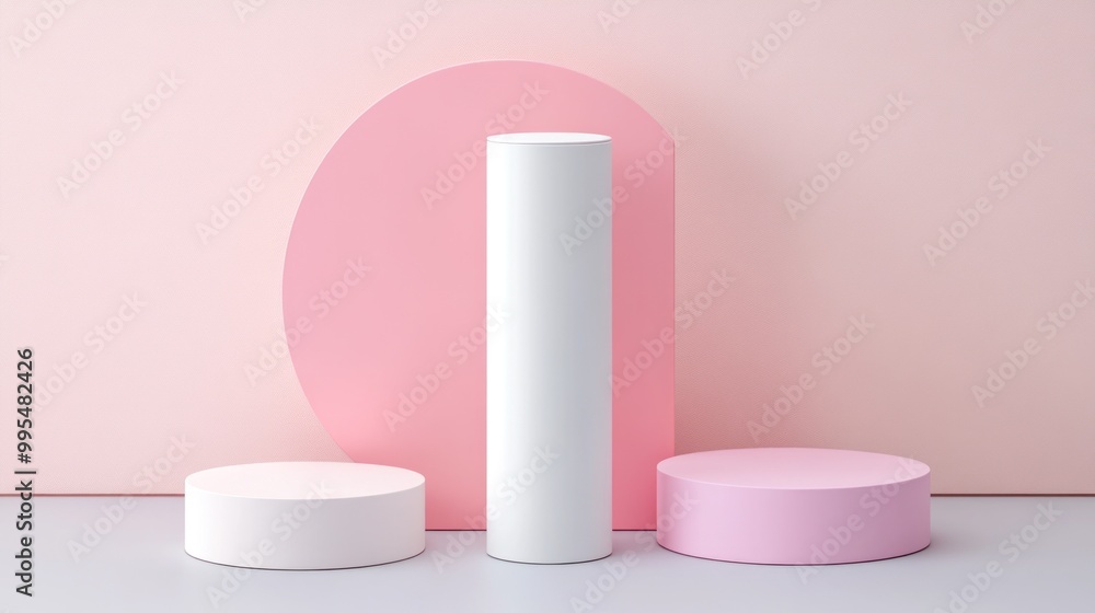 Poster in a serene setting, a white cylindrical shape stands between two circular forms in soft pink and wh