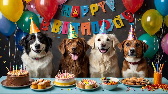 Adorable dogs celebrating birthday with cake and balloons. Happy Birthday
