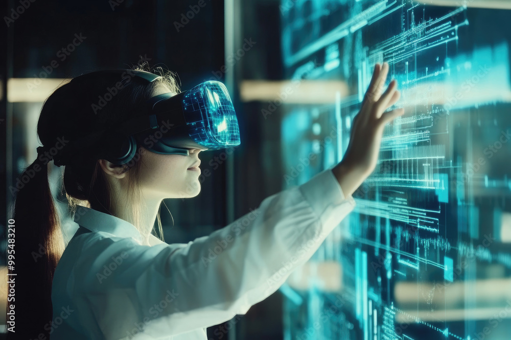 Poster student immersed in virtual reality, exploring artificial intelligence concepts, engaged in a futuri