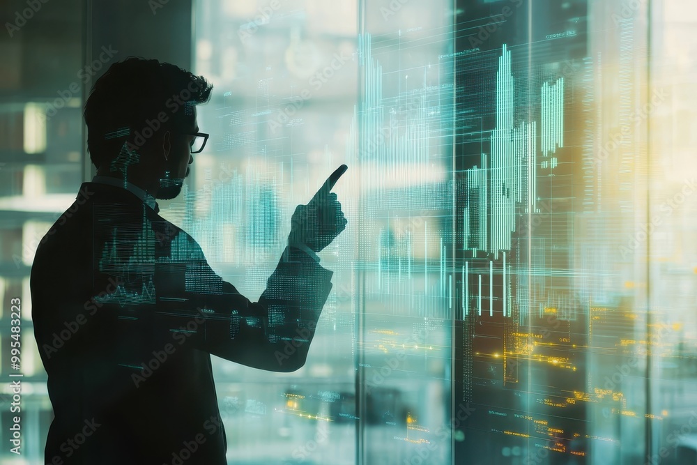 Poster a business professional interacts with digital data visualizations on a glass screen.