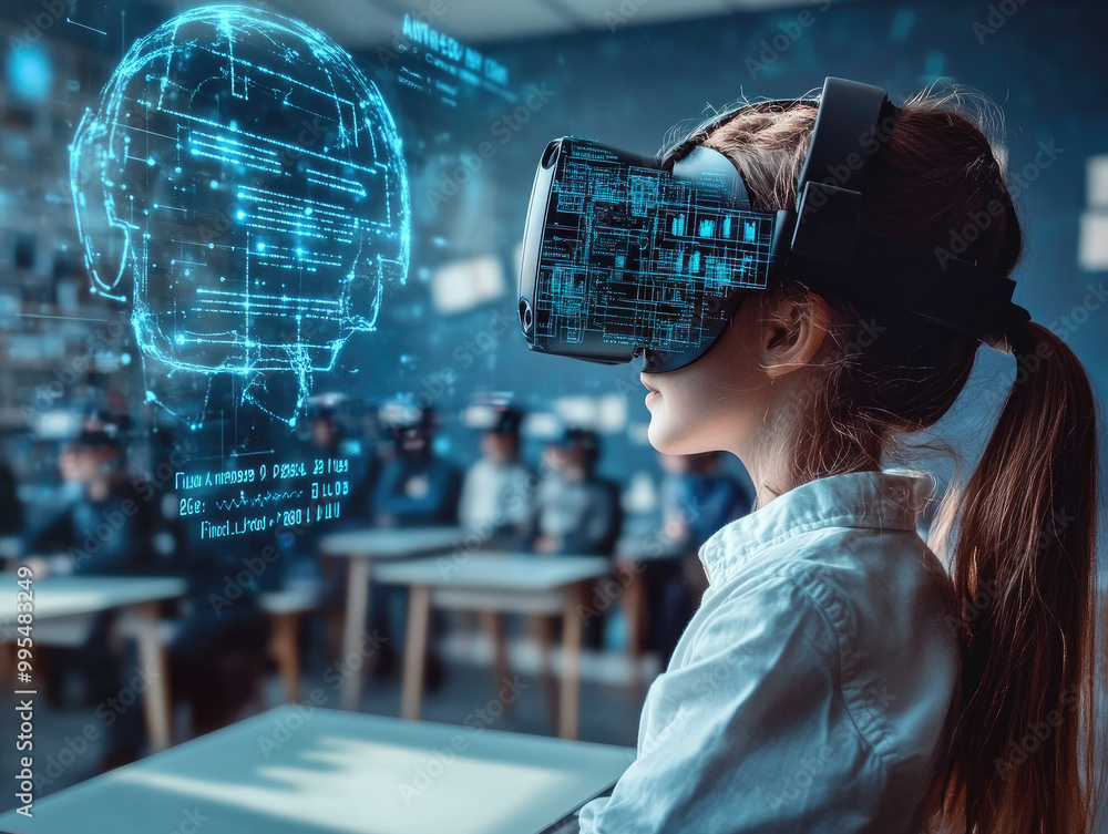 Poster student immersed in virtual reality, exploring artificial intelligence concepts in an engaging educa