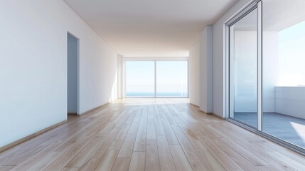 Obraz premium A modern living room features large glass windows that showcase ocean views, allowing natural light to fill the space. The hardwood floors add warmth to the bright, airy atmosphere