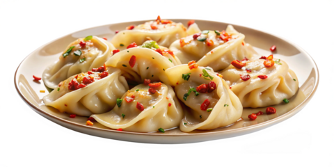  Yummy Dumplings, Sesame seeds, and chili flakes on a plate. PNG