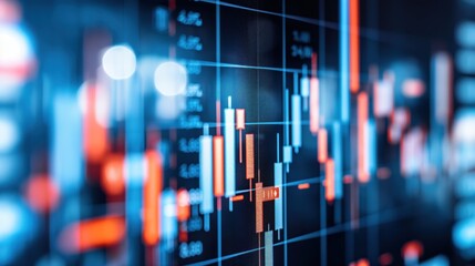 A financial market chart displaying candlestick patterns with blue and orange hues. The chart effectively illustrates recent price movements and trends in a dynamic trading environment