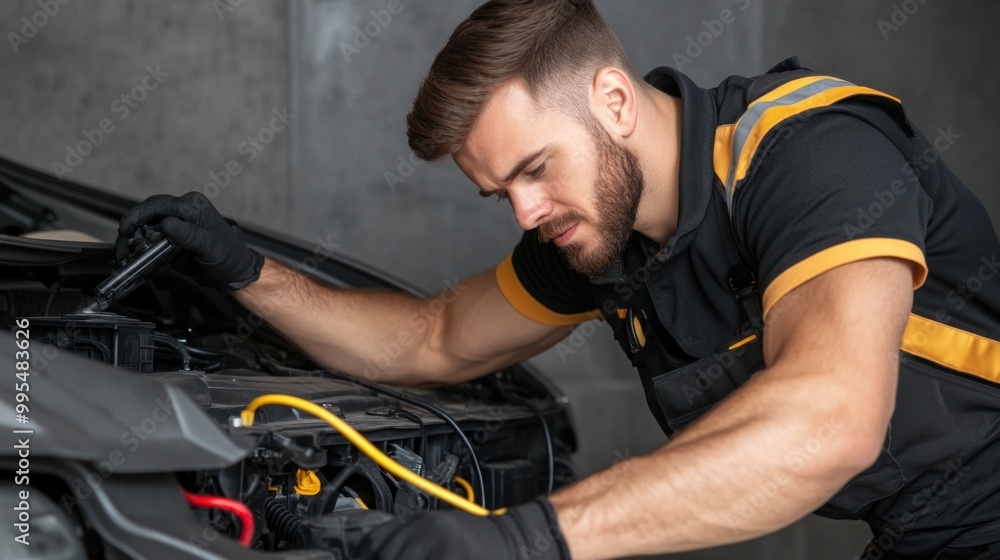 Poster a skilled mechanic is working on a car engine, carefully inspecting components and using tools. the 