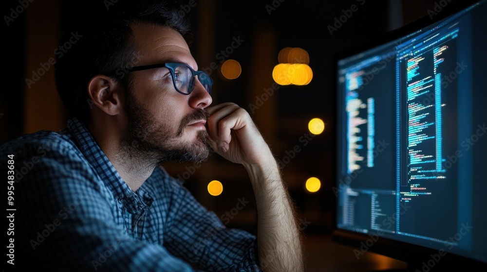 Poster a programmer intently reviews code on a computer at night, surrounded by a dimly lit workspace, with