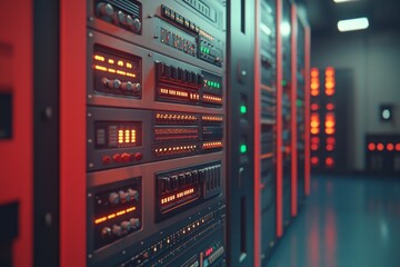 Naklejka premium Data center interior with vibrant LED lit server racks visualizing modern technology infrastructure secure storage and digital data management in an advanced IT environment
