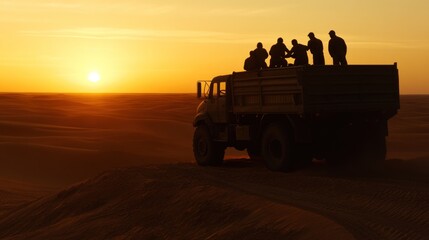 Fototapeta premium A group of workers stands on top of a truck, enjoying the sunset in a vast desert. The warm glow illuminates the endless dunes, highlighting their camaraderie after a productive day