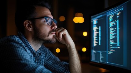 A programmer intently reviews code on a computer at night, surrounded by a dimly lit workspace, with city lights softly illuminating the background