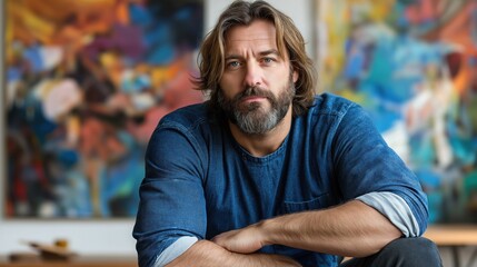 Fototapeta premium A man with long hair and a beard sits confidently in a modern art studio, surrounded by vibrant abstract paintings that enhance the creative atmosphere