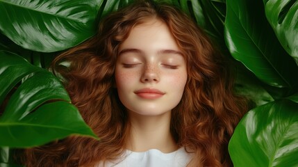 Fototapeta premium A young woman with curly hair lies peacefully surrounded by large green leaves, showcasing a moment of calm and connection with nature under soft daylight