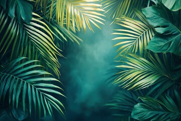 Lush Green Tropical Palm Leaves Framing a Foggy Background