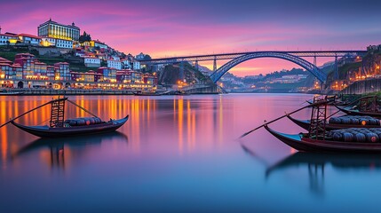 Obraz premium Enjoy Porto's stunning sunset skyline with the Dom Luís I Bridge and vibrant river views.