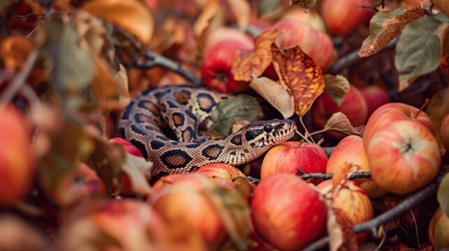 A snake nestled among ripe apples and autumn leaves in a vibrant orchard scene