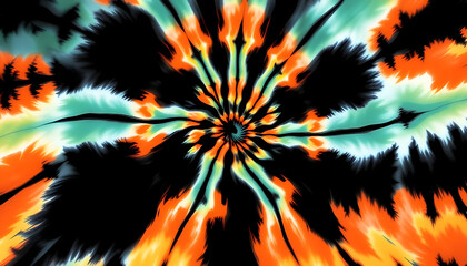 Obraz premium Tie Dye Swirl, Spiral Print , Nature Dyeing ,Hippie Background, Psychedelic Sketch, Orange Spiral ,Black Hypnosis Pattern