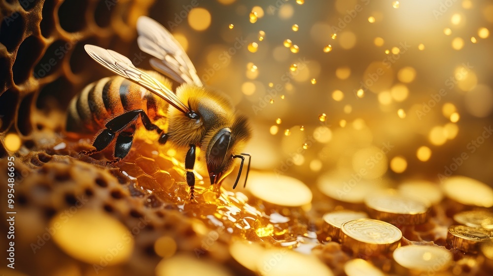 Canvas Prints Honeybee on Honeycomb - Golden Drops