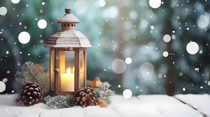 Lantern with burning yellow candle, pine cones and spruce and fir branches on wooden board surface covered with snow, abstract background with snowflakes and sparkling light. Horizontal composition.