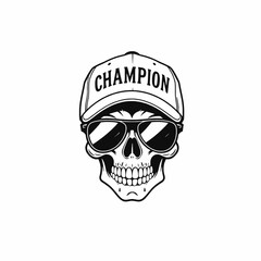 a black and white illustration of a skull wearing a baseball cap with the word CHAMPION