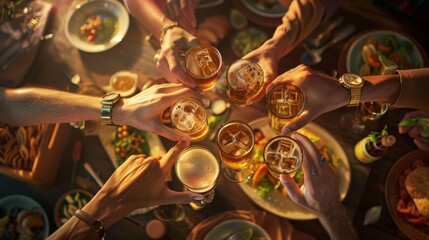 Friends Celebrate with Cheers Over Delicious Food and Drinks in a Joyful Gathering