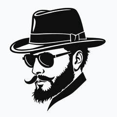 a black and white silhouette of a man's face. The man has a mustache and a beard, and he is wearing a fedora hat
