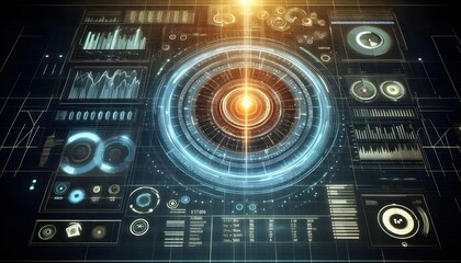 Fototapeta premium Hologram projection on a digital screen with different data and parameters.