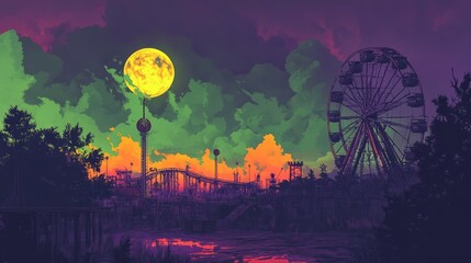 Spooky carnival at dusk, with eerie rides, a harvest moon rising over a dystopian skyline, and fire-orange clouds in a purple-green sky